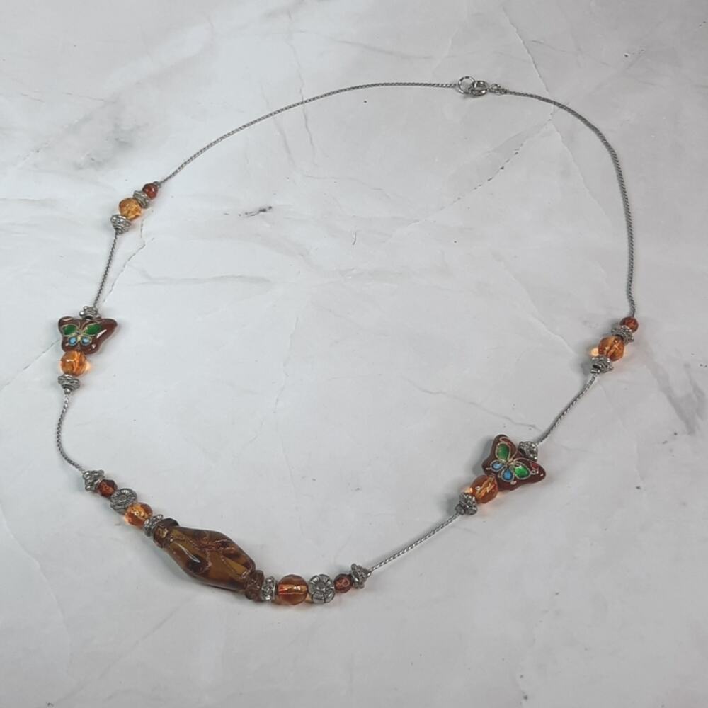 Silver Chain Beaded Necklace Amber Butterfly Floral Beads